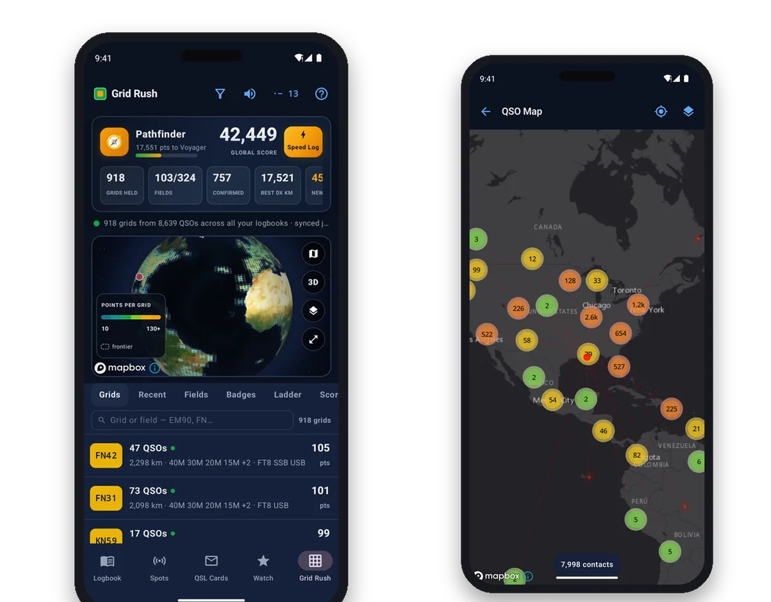Grid Rush and the QSO map in the app