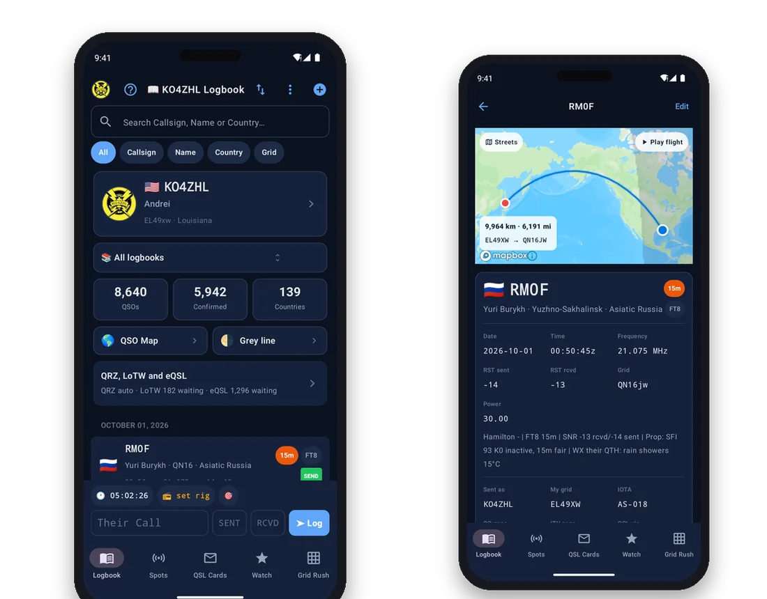 The logbook and a contact's details in the app